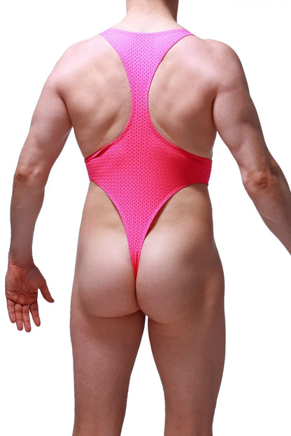 A vibrant pink mesh one-piece swimsuit with high-cut legs and racerback straps from bodythong journy bee pink collection