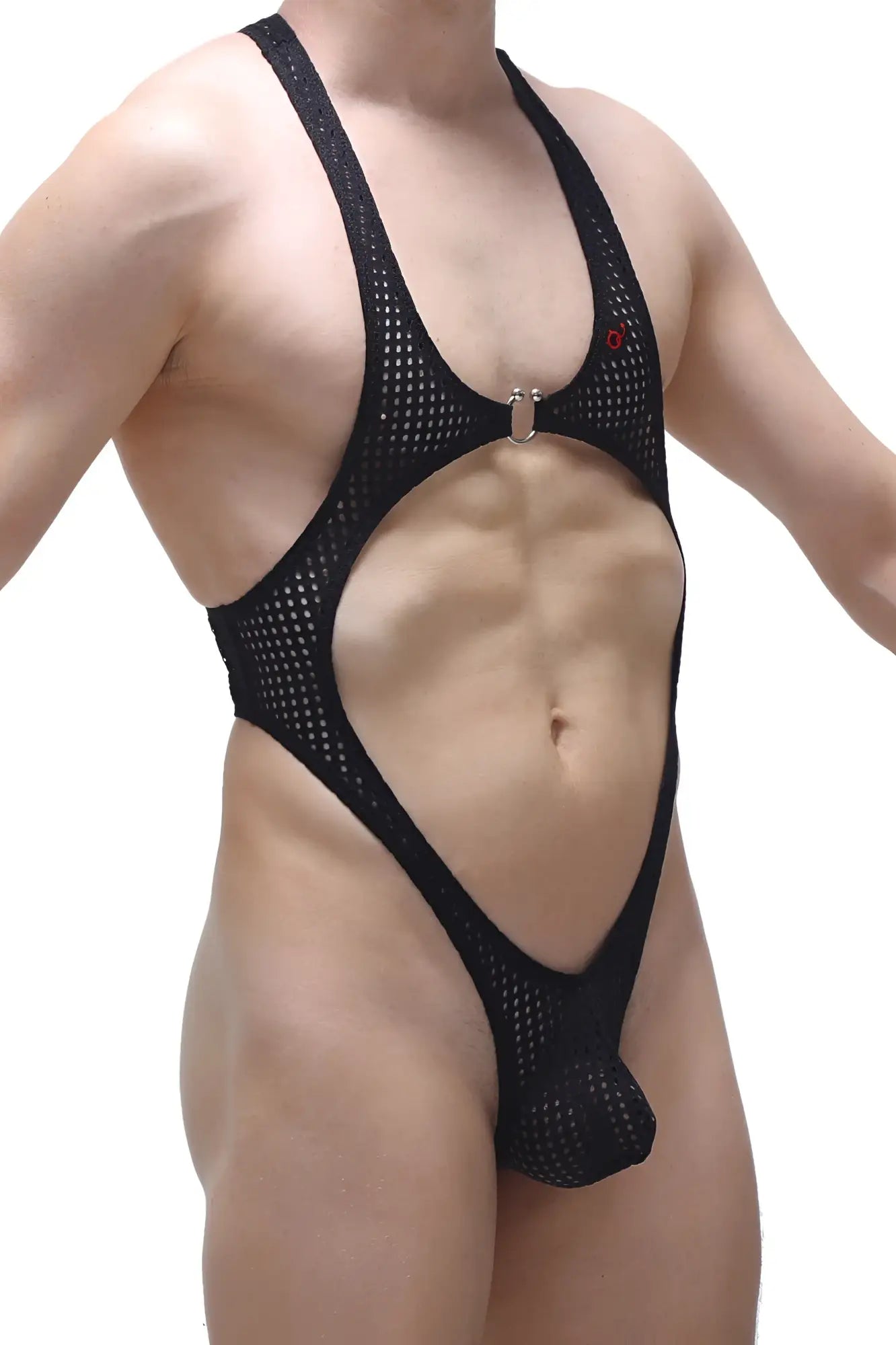 Black mesh one-piece swimsuit bodythong journy durtol black with plunging neckline and open-back design shown from back