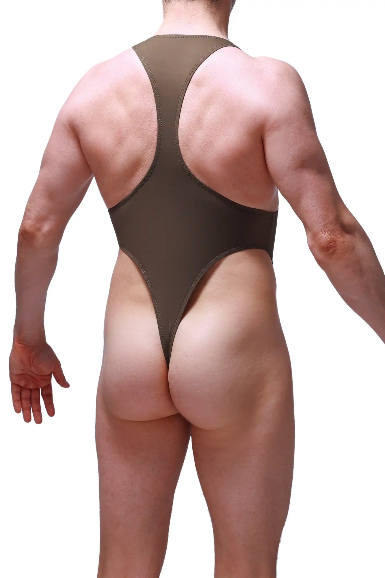 A sleek olive green one-piece swimsuit with high-cut legs and racerback straps from bodythong journy olive collection