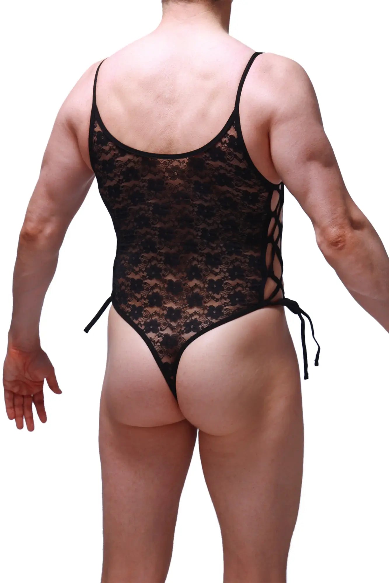 Black lace bodythong with floral pattern and side ties in a delicate lace material for intimate wear