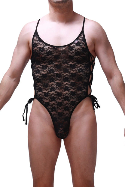 Black lace one-piece swimsuit with intricate floral patterns and adjustable side ties showing front view