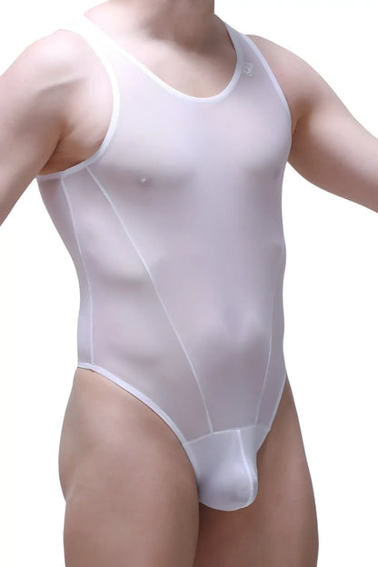 White sheer mesh one-piece swimsuit bodythong liry net white with scoop neckline and high-cut legs