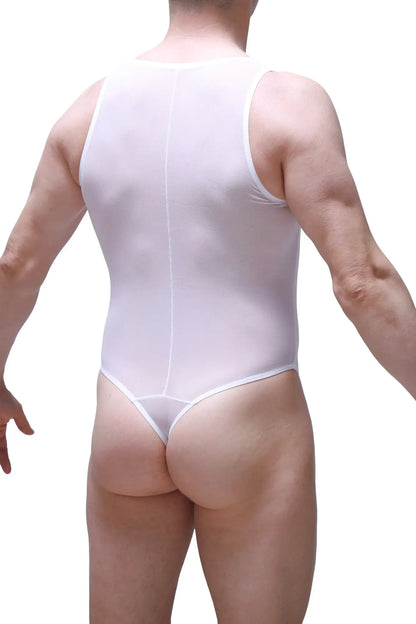 White sheer one-piece bodysuit with back seam and thong-style bottom shown from the back in the Bodythong Liry Net White
