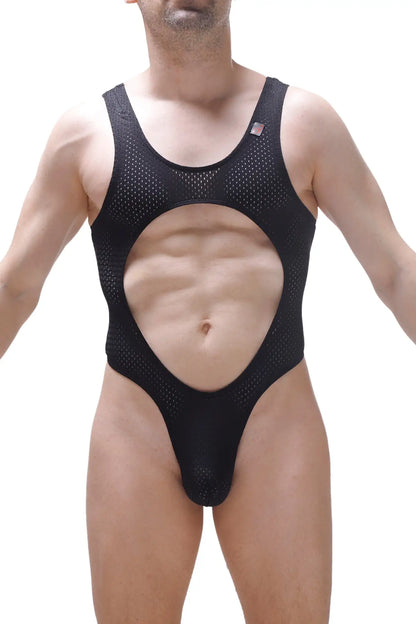 Black mesh one-piece swimsuit bodythong lislay bee black with large cutout revealing the abdomen