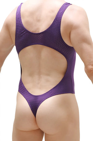 Purple mesh one-piece swimsuit with a cutout back design from Bodythong Nexon Bee purple shown from the back