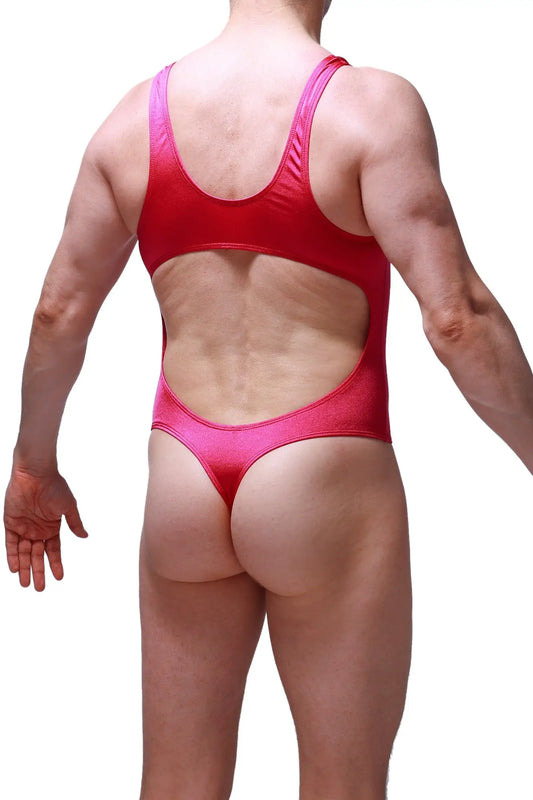 A vibrant red bodythong nexon joe framboise one-piece swimsuit with a cutout back and thong-style bottom shown from behind