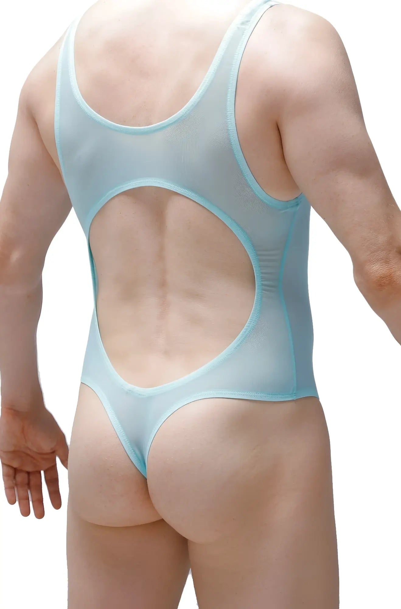 Light blue sheer mesh one-piece swimsuit with large circular back cutout and thin shoulder straps shown from back side