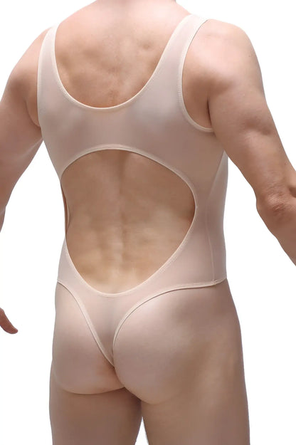 Beige stretchy bodythong nexon net nude one-piece swimsuit with large back cutout and high-cut leg design back view
