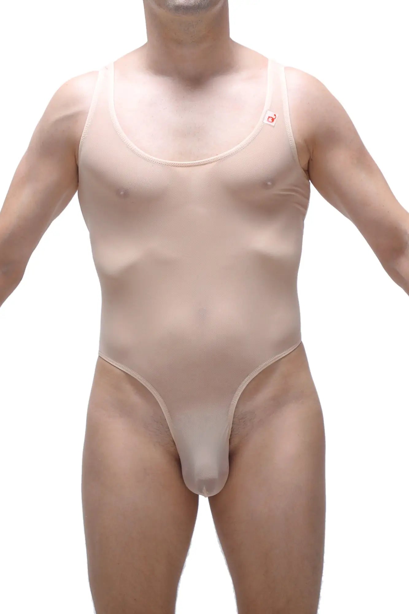 A sheer beige bodysuit with thin straps and high-cut leg design from bodythong nexon net nude collection