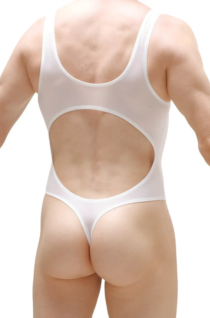 White one-piece swimsuit bodythong nexon plum white with cutout back and thong bottom shown from the back side