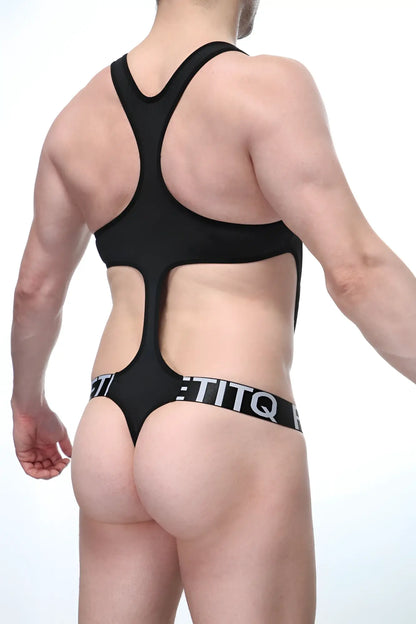 Back view of black titq bodythong oze black bodysuit with racerback design and cutout details