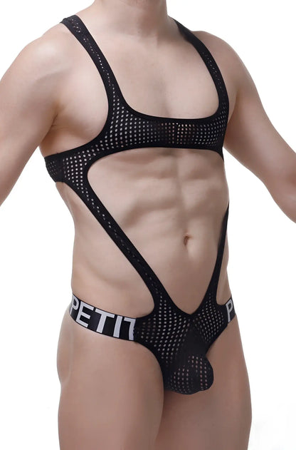Black mesh bodythong oze durtol with cut-out design and petit branded waistband in black color