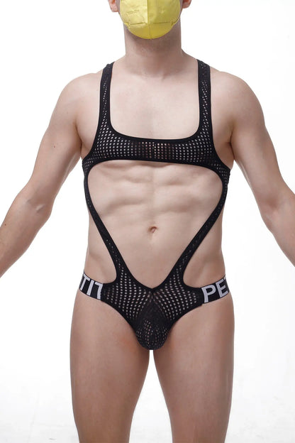 Black mesh bodysuit bodythong oze durtol with cutout design and branded waistband shown from the back side