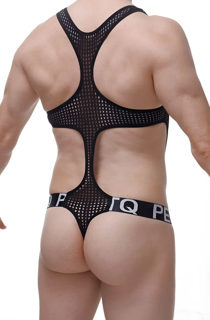 Back view of black mesh bodythong oze durtol with cutout and white lettering waistband