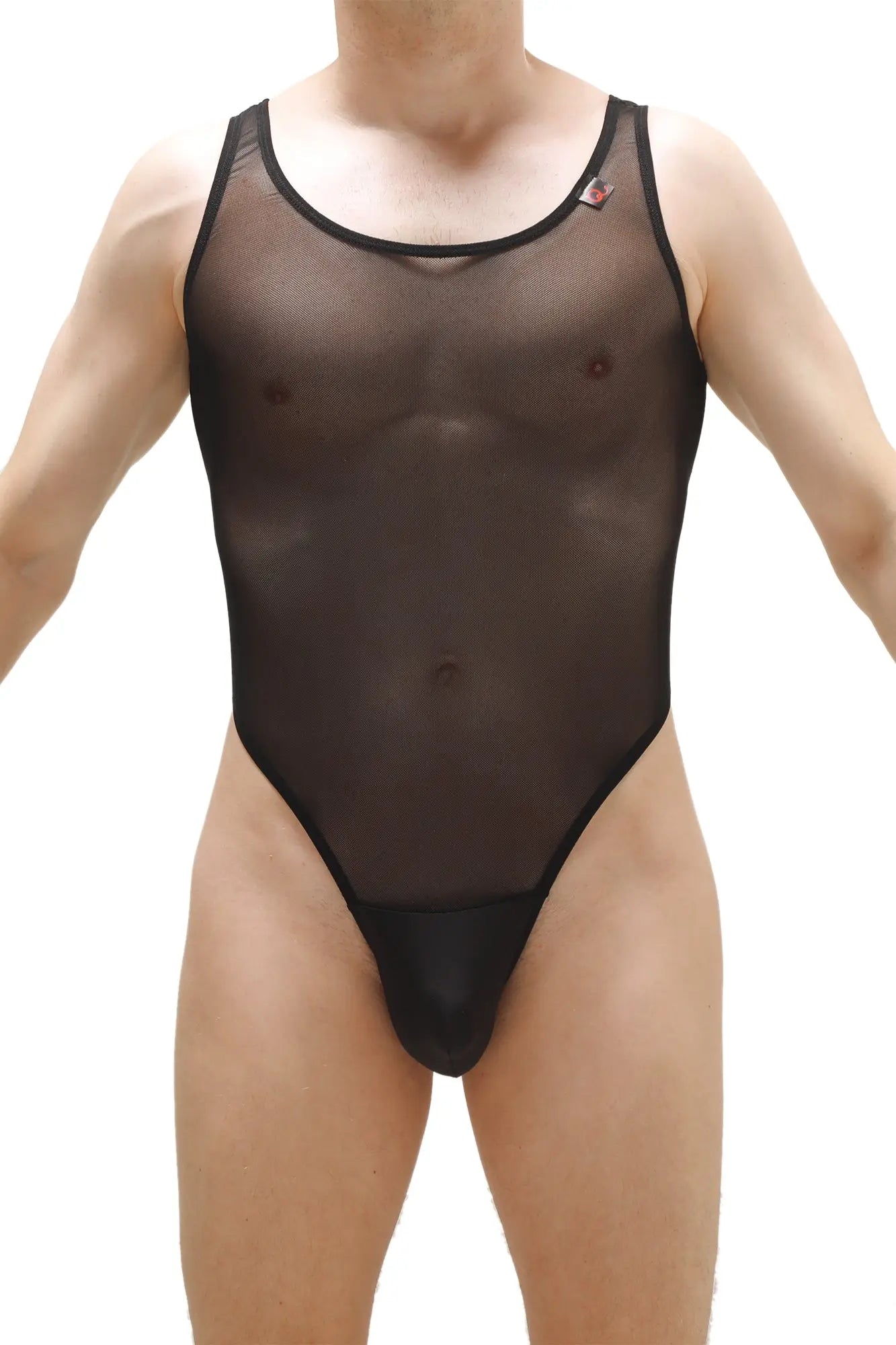 Bodythong Pencran black sheer mesh one-piece swimsuit with black trim showing front view