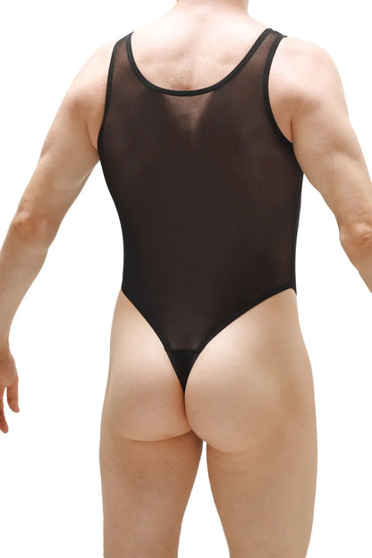 Bodythong pencran black sheer mesh one-piece swimsuit with black trim shown from the back side