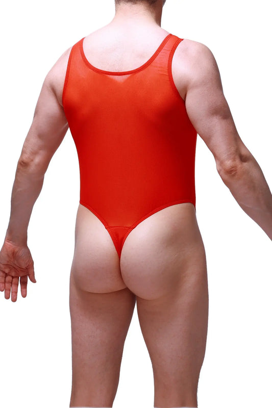 Vibrant red bodythong pencran one-piece swimsuit with scoop neckline and high-cut leg openings in stretchy fabric