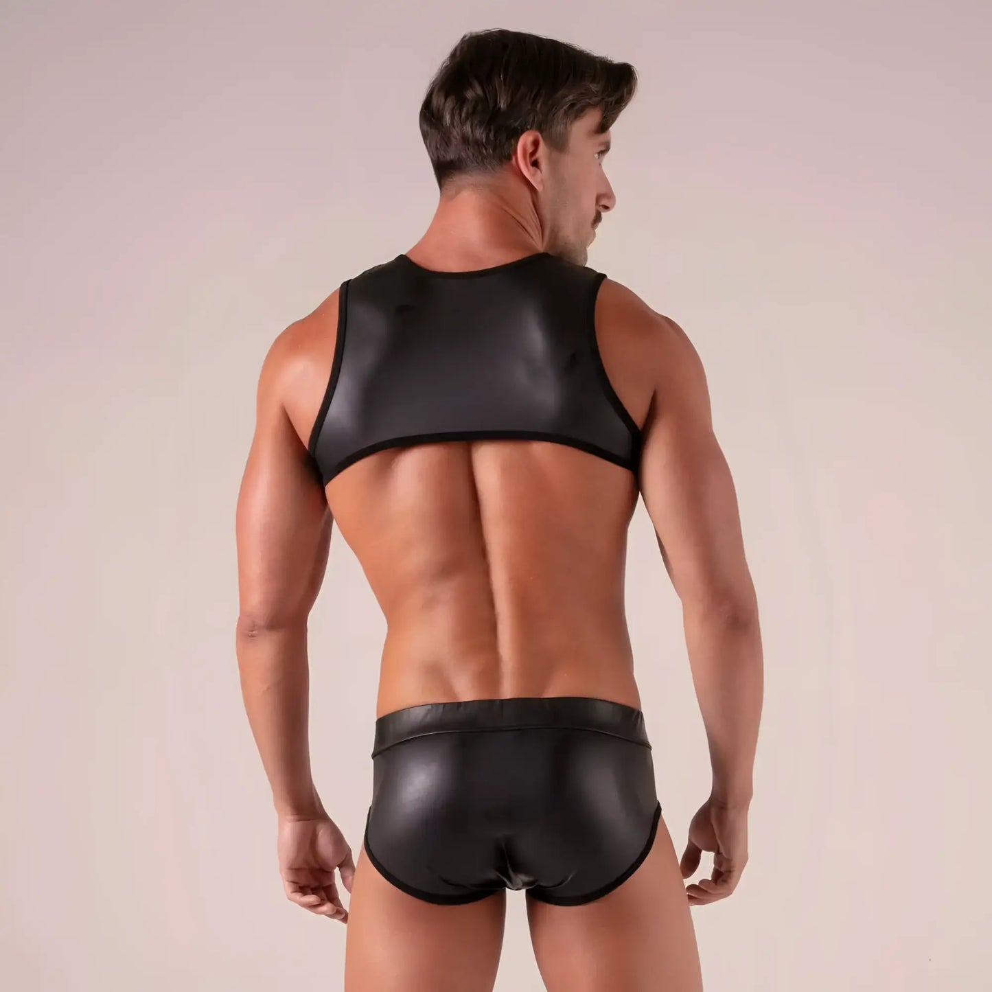 Black shiny faux leather tank top and briefs set with bondage brief style for edgy fashion looks