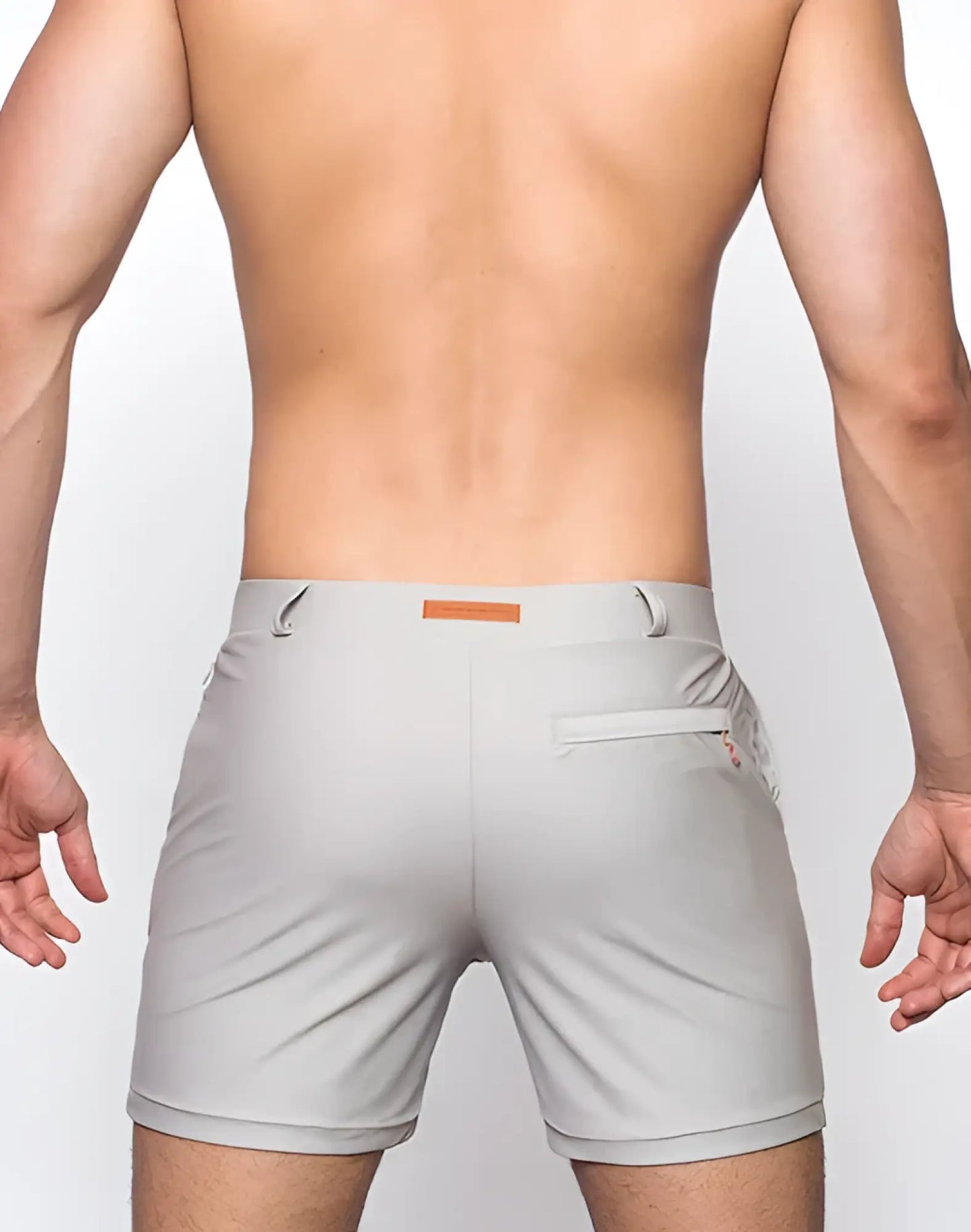 Bondi short gray athletic shorts with sleek modern design and subtle orange branding on the waistband
