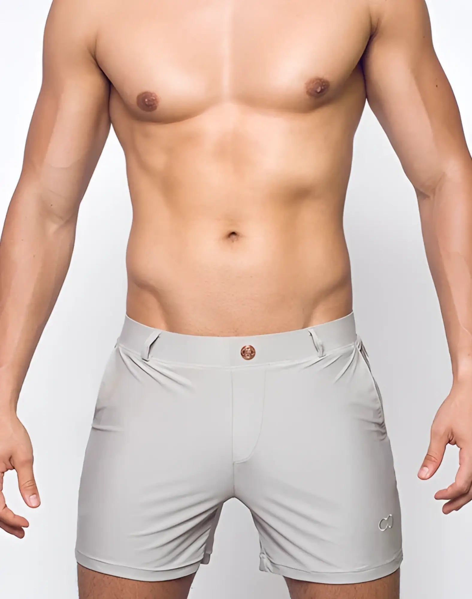 Bondi short gray athletic shorts with subtle logo on lower right leg and matching button at waistband