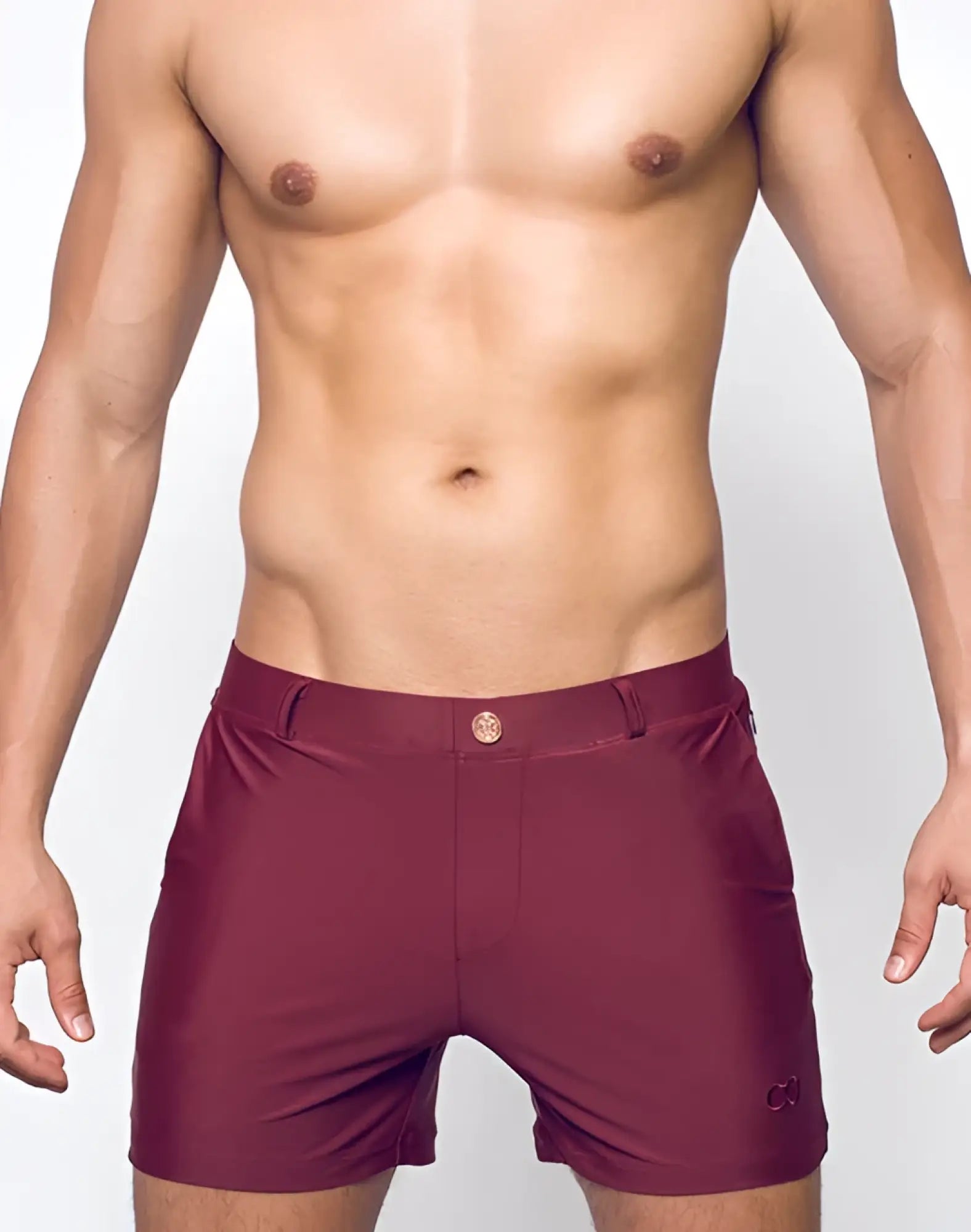 Maroon bondi short swim trunks with a sleek form-fitting design and subtle brand logo on the lower right leg