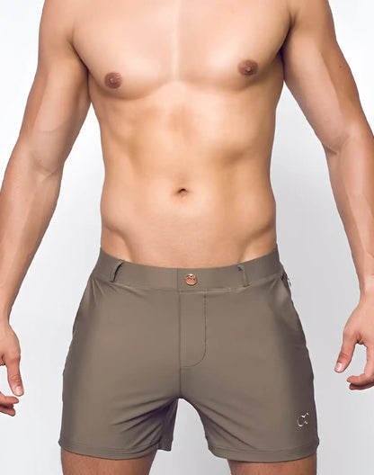 Olive green bondi short athletic shorts with a subtle logo on the lower right leg and a button at the waistband