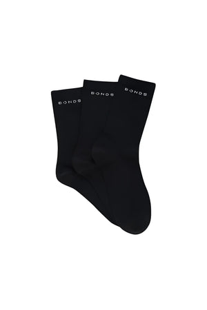 Bonds 3 pack cotton crew socks in black with white cuff lettering size 6-10 visible on the back side