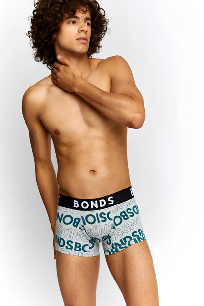 Gray boxer briefs with teal bonds logo pattern and black waistband with white brand name size m fit trunk underwear