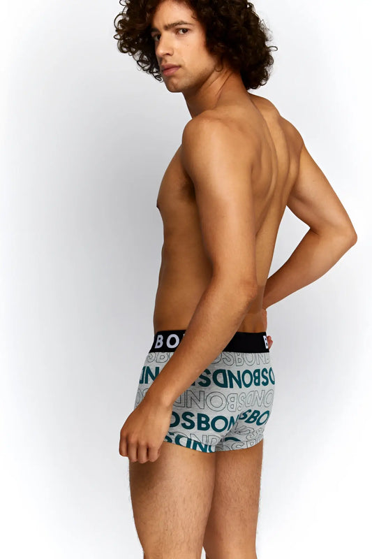 Gray Bonds Allover Logo Fit trunk underwear with teal boss logo pattern and black waistband size M in MXKDA style