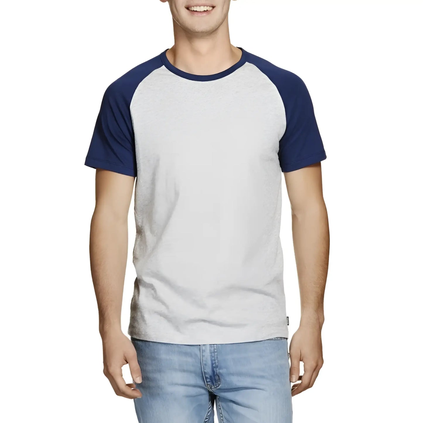 Heather gray and navy blue Bonds Besties raglan short sleeved t shirt in size medium with soft cotton blend material