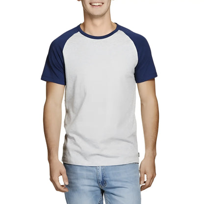 Heather gray and navy blue Bonds Besties raglan short sleeved t shirt in size medium with soft cotton blend material