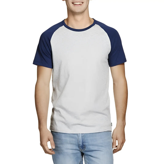 Heather gray and navy blue Bonds Besties raglan short sleeved t shirt in size medium with soft cotton blend material