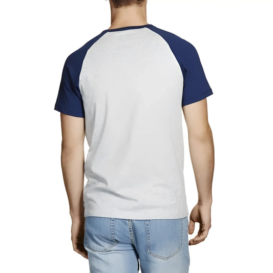 Heather gray and navy blue bonds besties raglan short sleeved t shirt in size m with crew neck and cotton blend