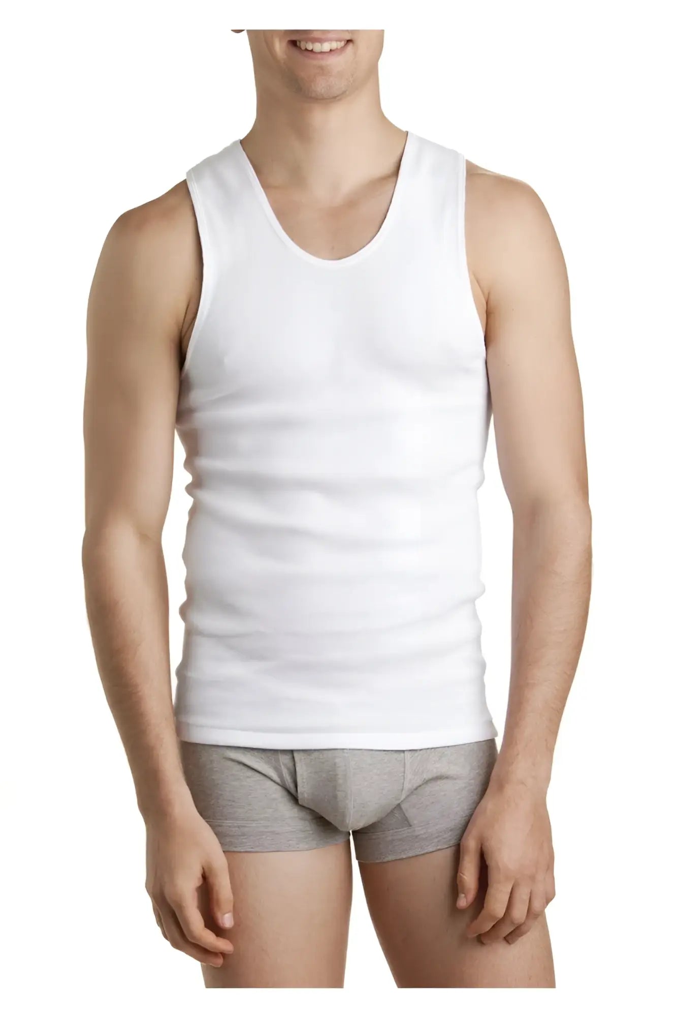 White cotton bonds chesty tank top with simple round neckline and straight hem size large