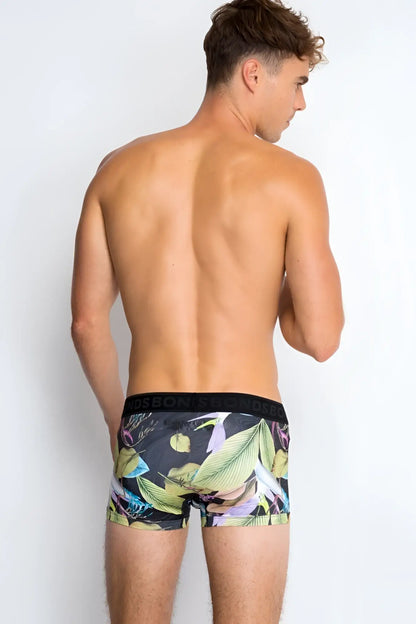 Bonds Fit Luxe trunk boxer briefs in black with vibrant green yellow and purple tropical leaf pattern size XS