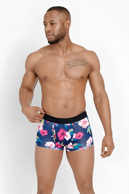 Bonds Fit Luxe trunk boxer briefs in navy blue floral print with black elastic waistband size XS for men