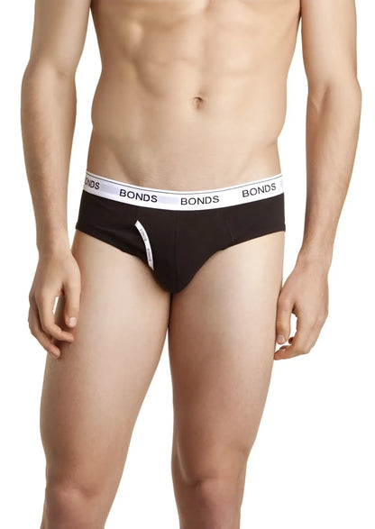 Black Bonds guy front briefs underwear in size large with white elastic waistband featuring black brand name lettering