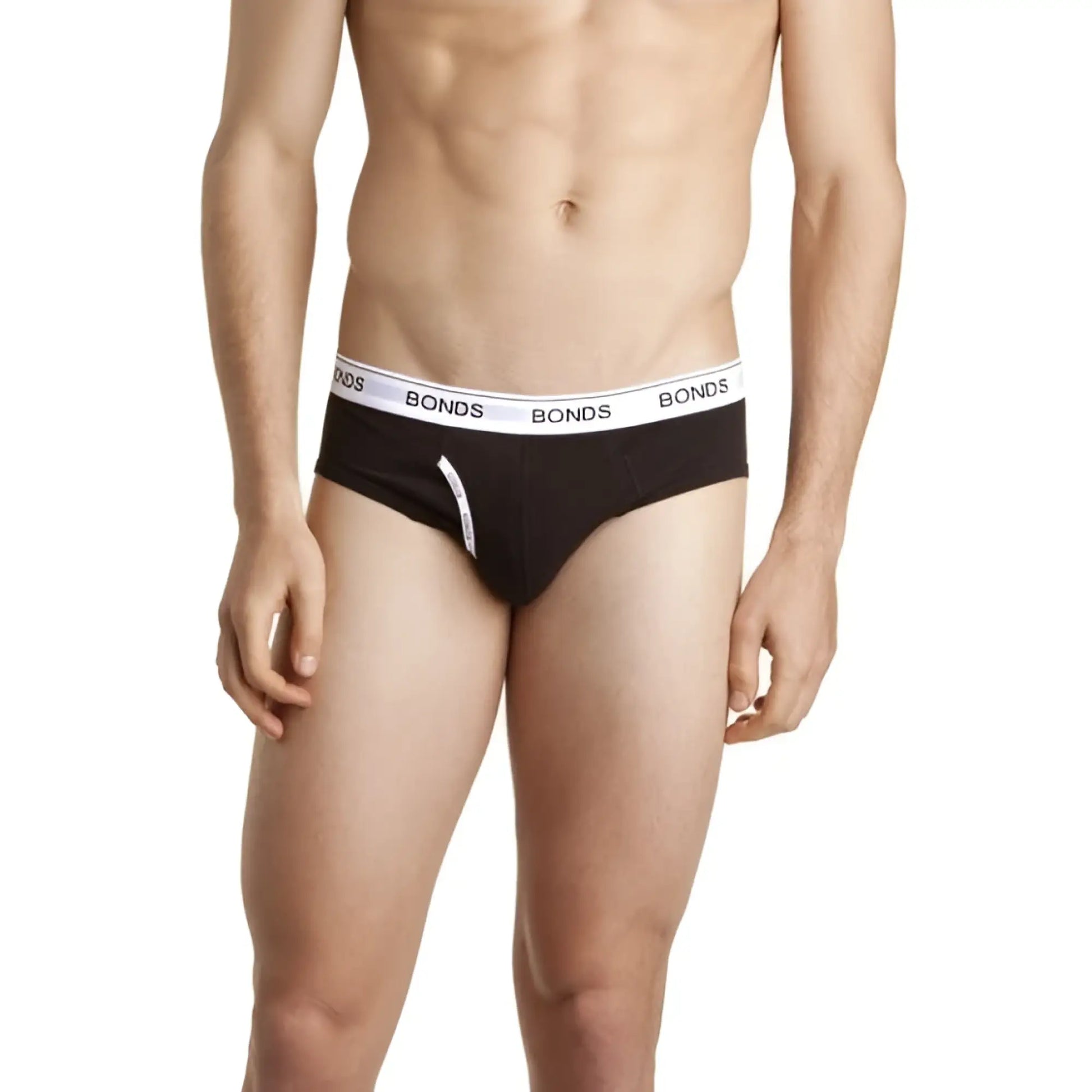 Black bonds guy front brief underwear in size large featuring a white elastic waistband with black brand lettering