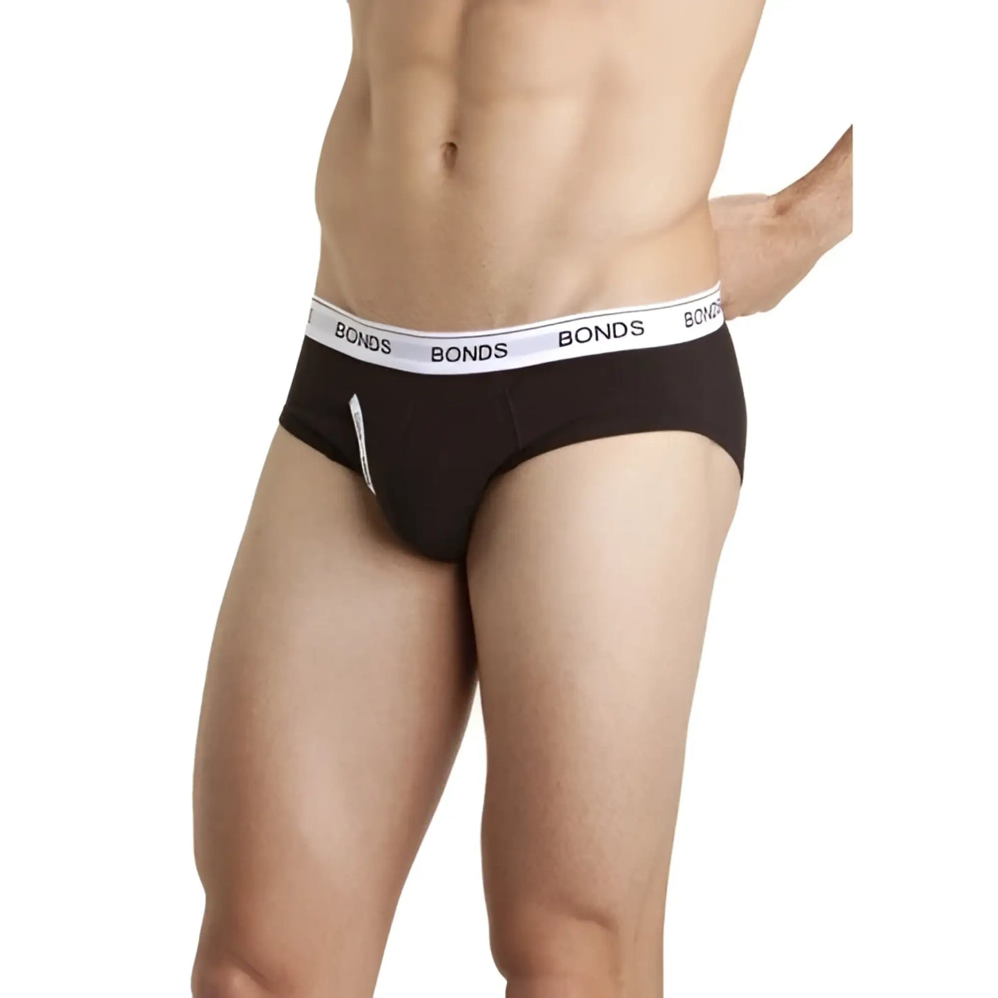Black bonds guy front briefs in size large with white elastic waistband and black brand name lettering