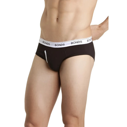 Black bonds guy front briefs in size large with white elastic waistband and black brand name lettering