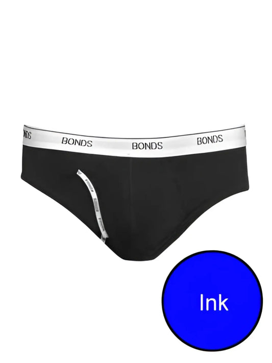 Black bonds guy front briefs underwear ink mzvi with white elastic waistband featuring brand name in black lettering