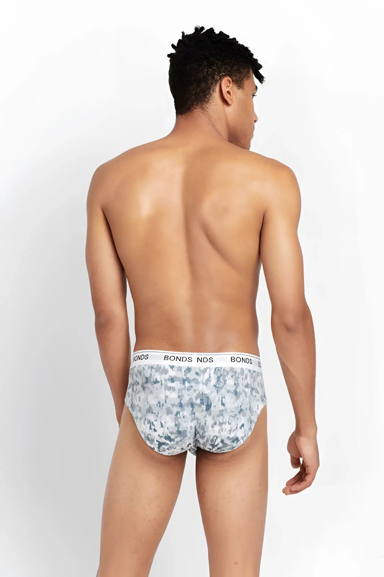 Gray and white camouflage bonds guyfront brief underwear with branded elastic waistband size medium