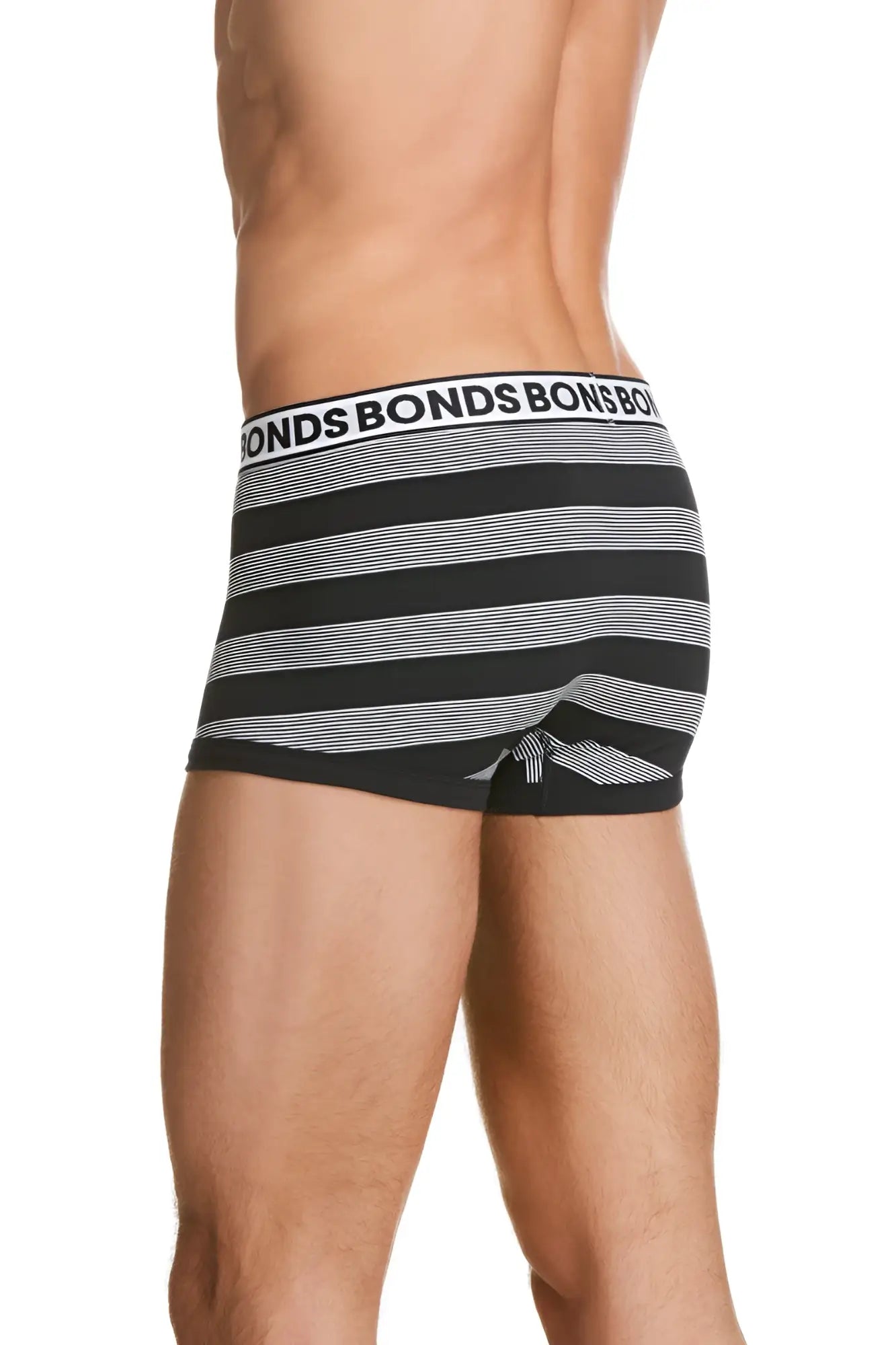 Bonds striped fit trunk underwear size s with black and white stripes and repeating bonds logo on waistband