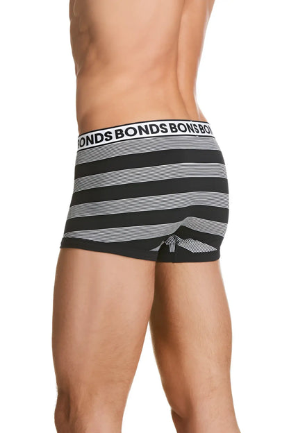 Bonds striped fit trunk underwear size s with black and white stripes and repeating bonds logo on waistband