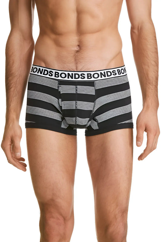 Black and white striped Bonds boxer briefs with branded waistband size S showing front fit trunk underwear