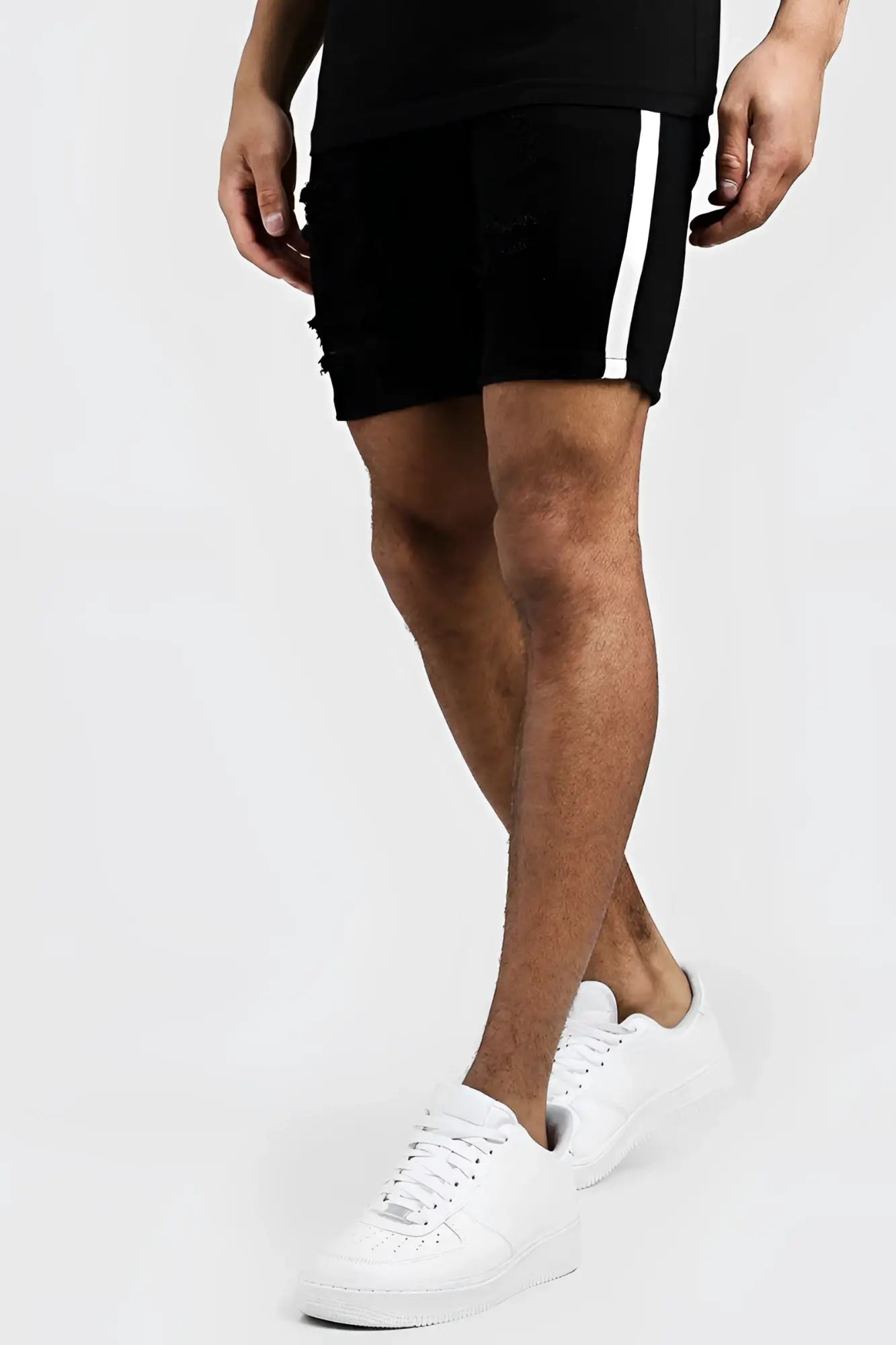 Boohoo skinny fit black denim shorts with white side tape distressed design size 32 front view
