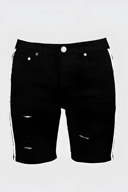 Black boohoo skinny fit denim shorts with white side tape and distressed ripped details size 32