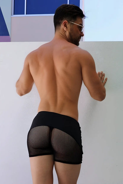 Black mesh booty breathers shorts with solid black waistband designed for breathable comfort