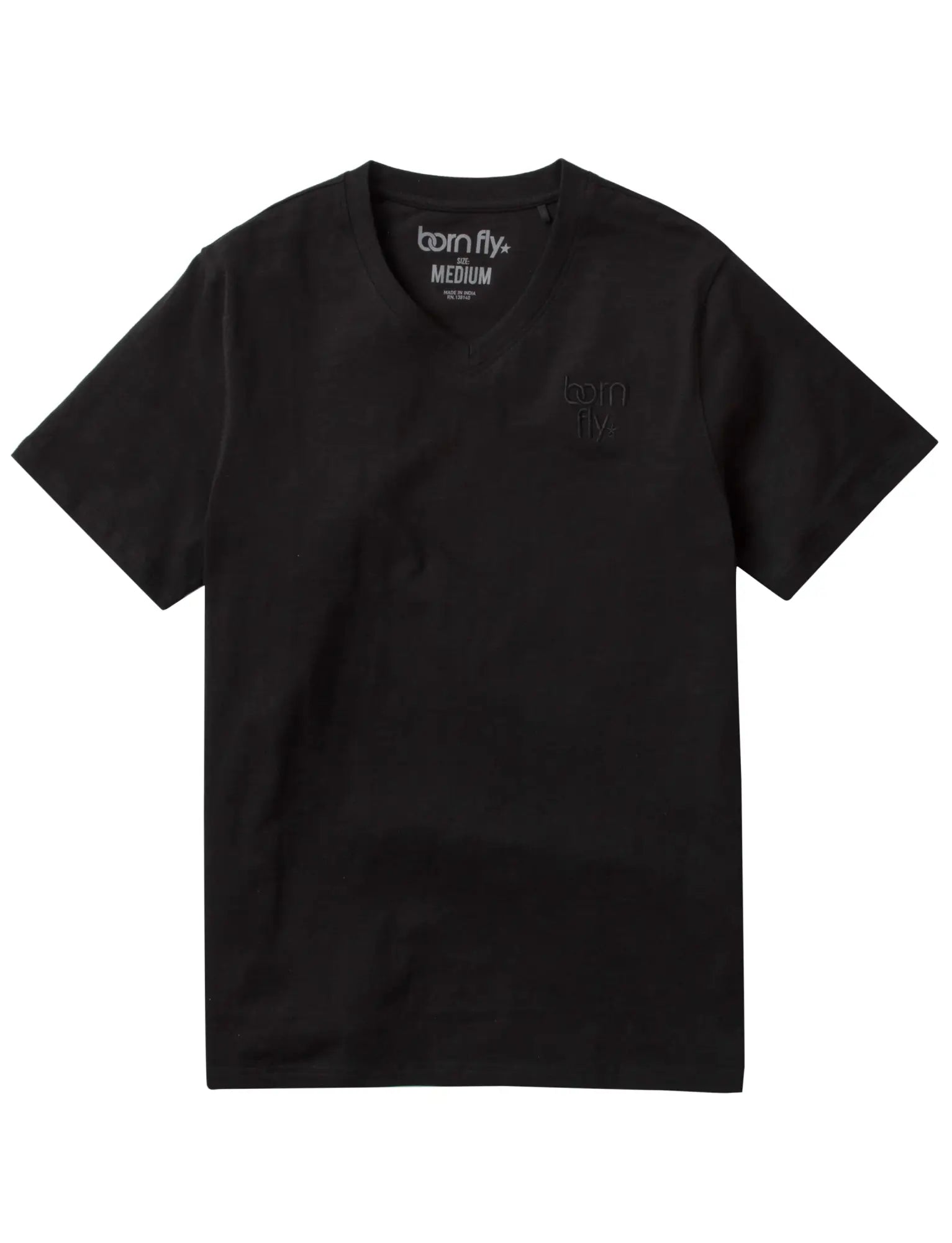 Born fly v neck tee black short-sleeved cotton t-shirt with subtle embroidered logo on left chest and printed collar