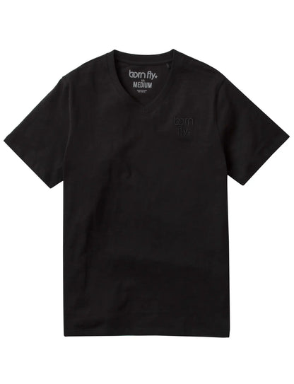 Born fly v neck tee black short-sleeved cotton t-shirt with subtle embroidered logo on left chest and printed collar